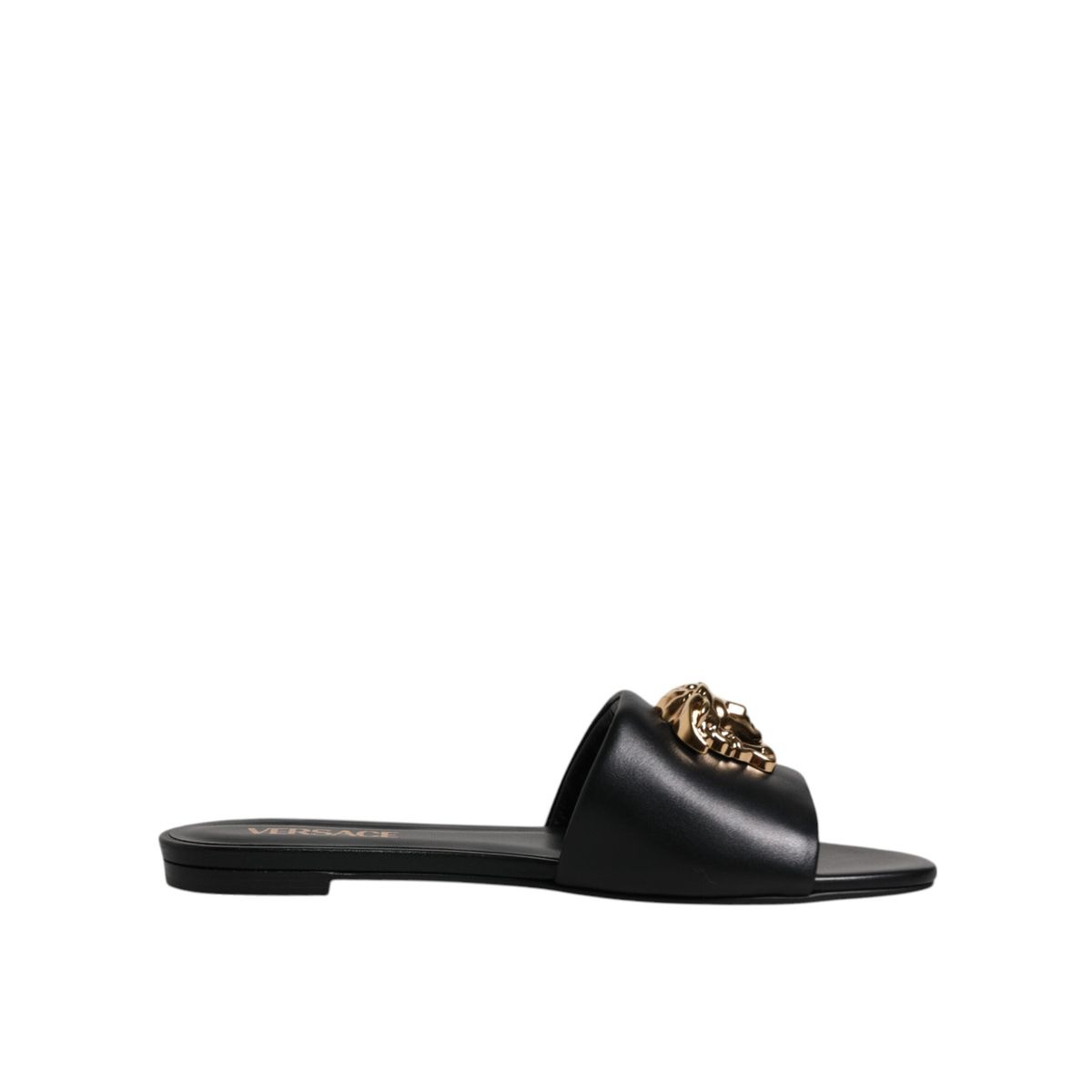 Versace Black Leather Logo Plaque Slip On Slides Flats Shoes