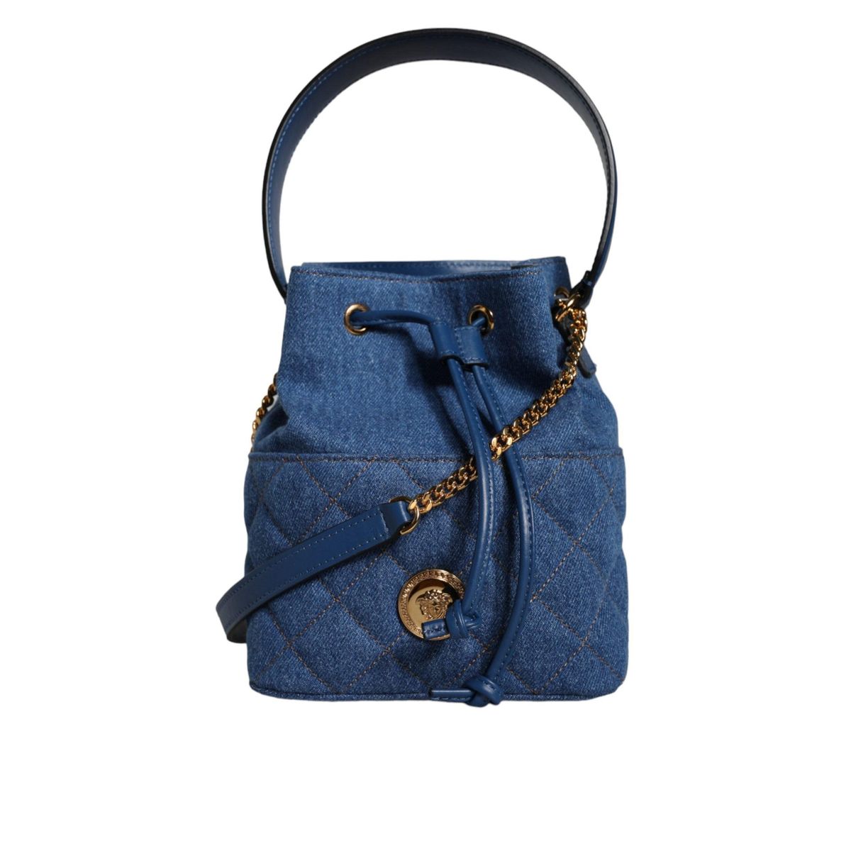 Versace Blue Quilted Denim Leather Crossbody Shoulder Bag