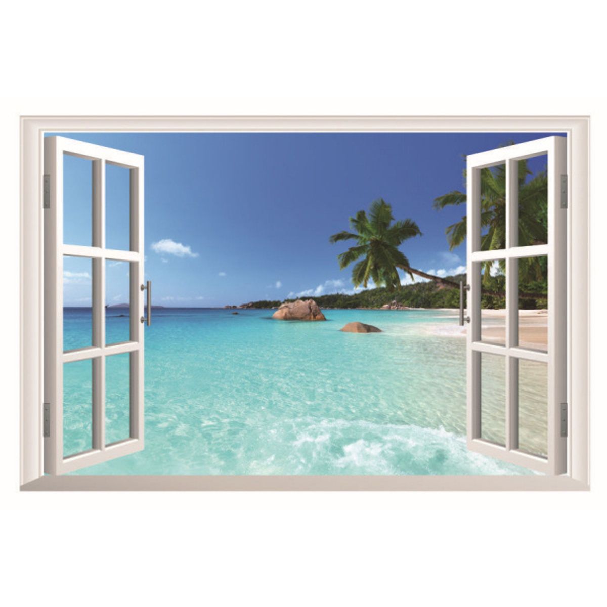 Vindue til paradis. Wallsticker med stranden som nabo. 90x60cm.