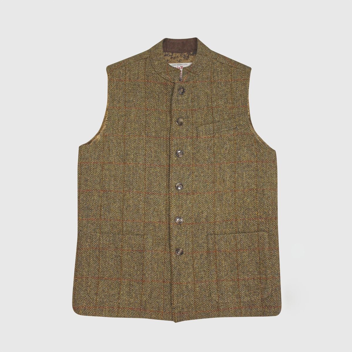 William Tweed Gilet vest med Nehru krave, Harris Tweed, mustard - L (UK44)