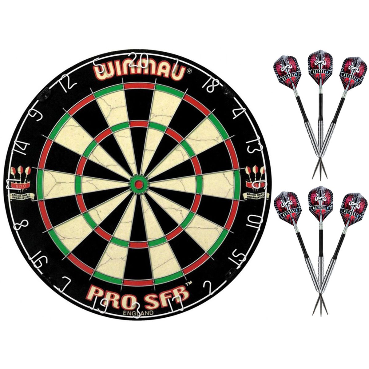 Winmau Pro SFB Dartskive + 2 x Harrows Assassin 80% Tungsten Steeltip Dartpile