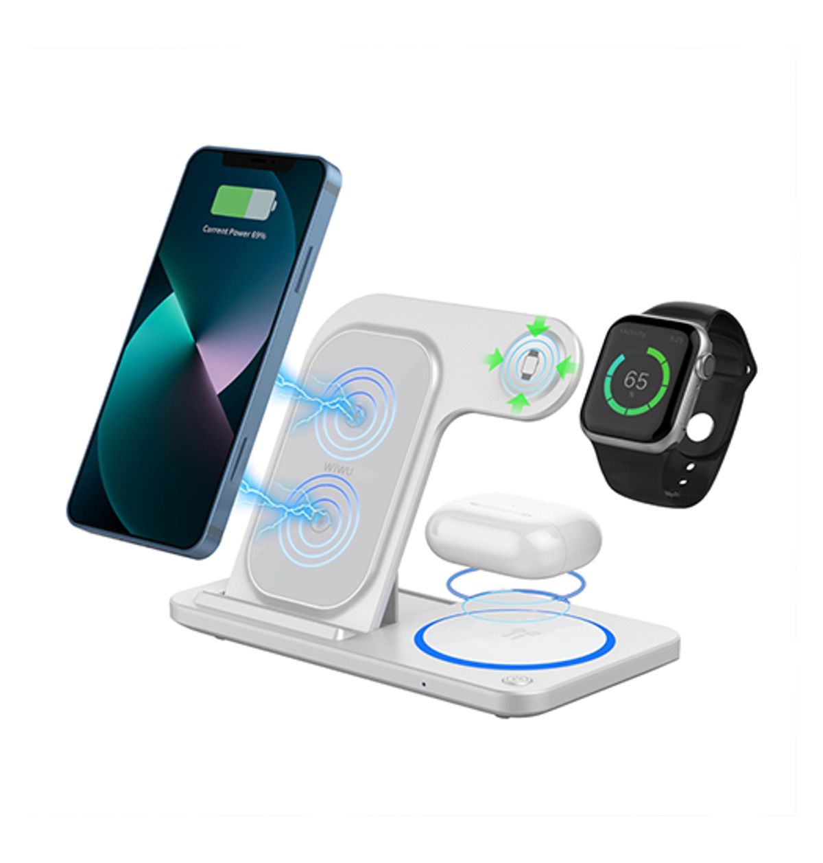 WIWU&trade; | 3-i-1 Ladestation til Mobil, Smartwatch & Earbuds - Hvid