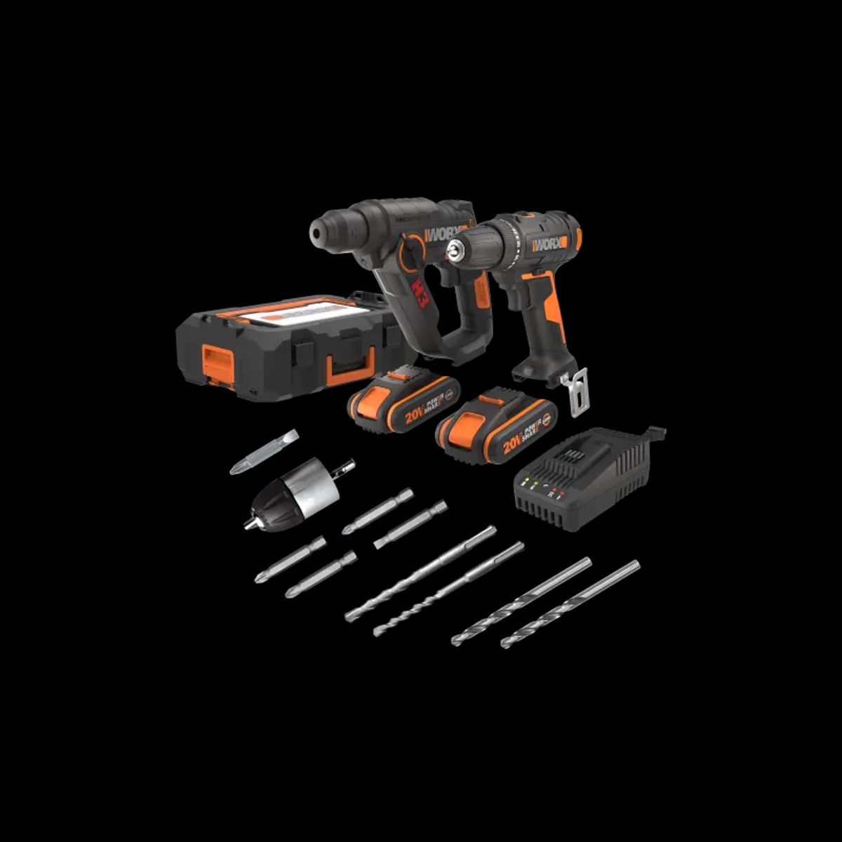 Worx 20V combo, WX100.9 + WX390.9, 2x2.0Ah, 3-5hr Oplader, tool box WA4229