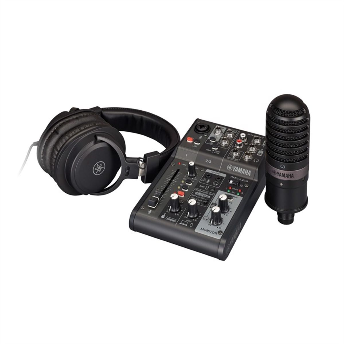 YAMAHA AG03MK2 LSPK - Live streaming-pakke: AG03KK2/YCM01-mikrofon/YH-MT1-hovedtelefoner. Sort.