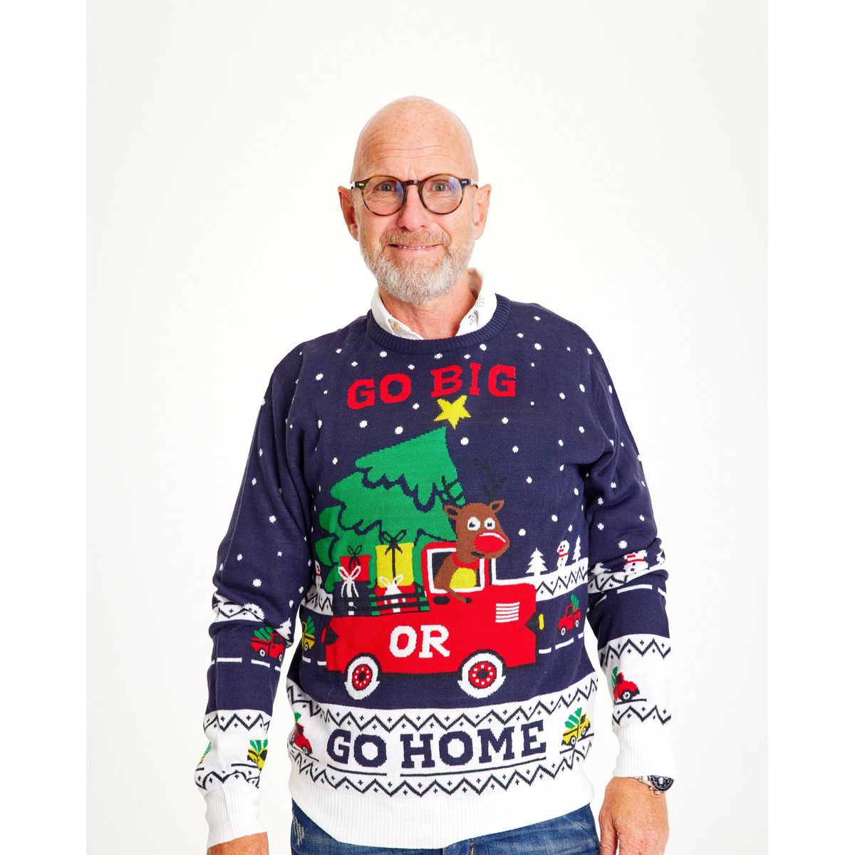 Årets julesweater: GO BIG OR GO HOME - herre / mænd. Ugly Christmas Sweater lavet i Danmark