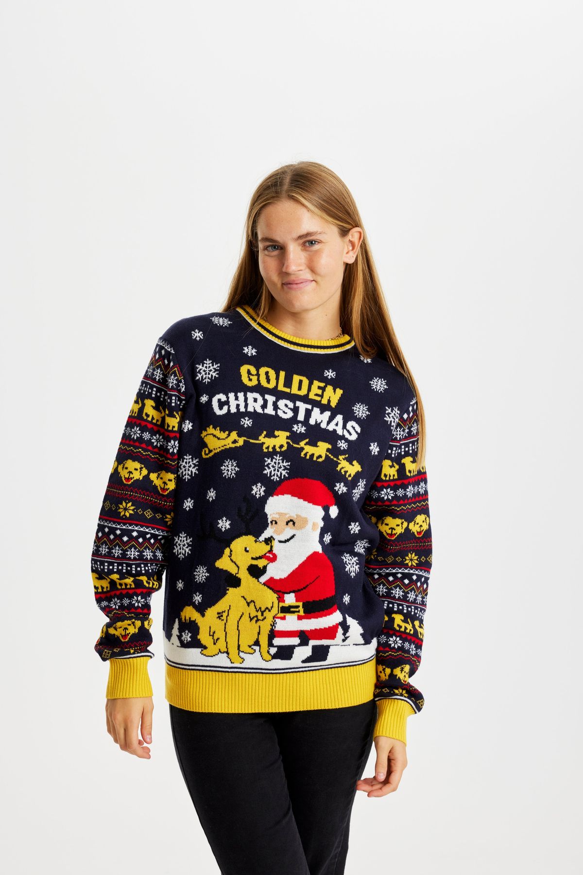 Årets julesweater: Golden Christmas - dame / kvinder. Ugly Christmas Sweater lavet i Danmark