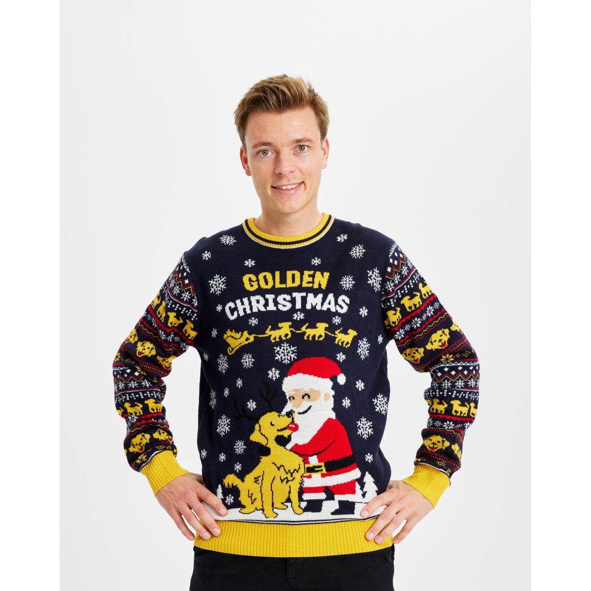 Årets julesweater: Golden Christmas - herre / mænd. Ugly Christmas Sweater lavet i Danmark