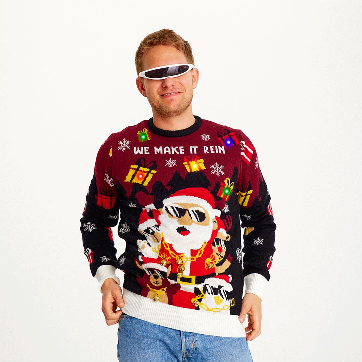 Årets julesweater: Make It Rein - herre / mænd. Ugly Christmas Sweater lavet i Danmark