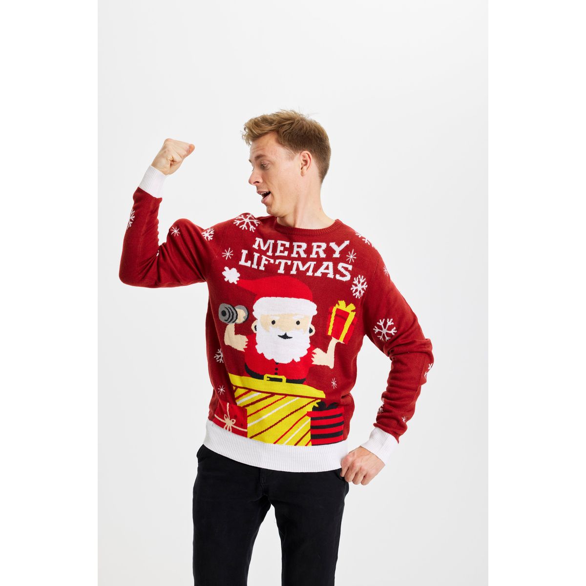 Årets julesweater: Merry Liftmas - herre / mænd. Ugly Christmas Sweater lavet i Danmark