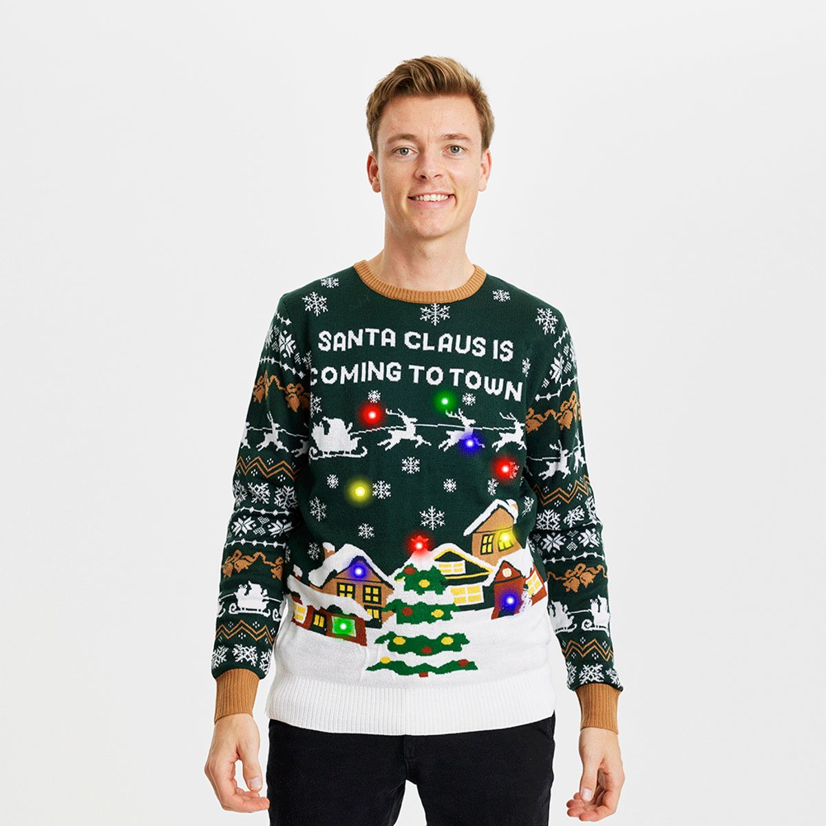 Årets julesweater: Santa Claus Is Coming To Town LED - herre / mænd. Ugly Christmas Sweater lavet i Danmark