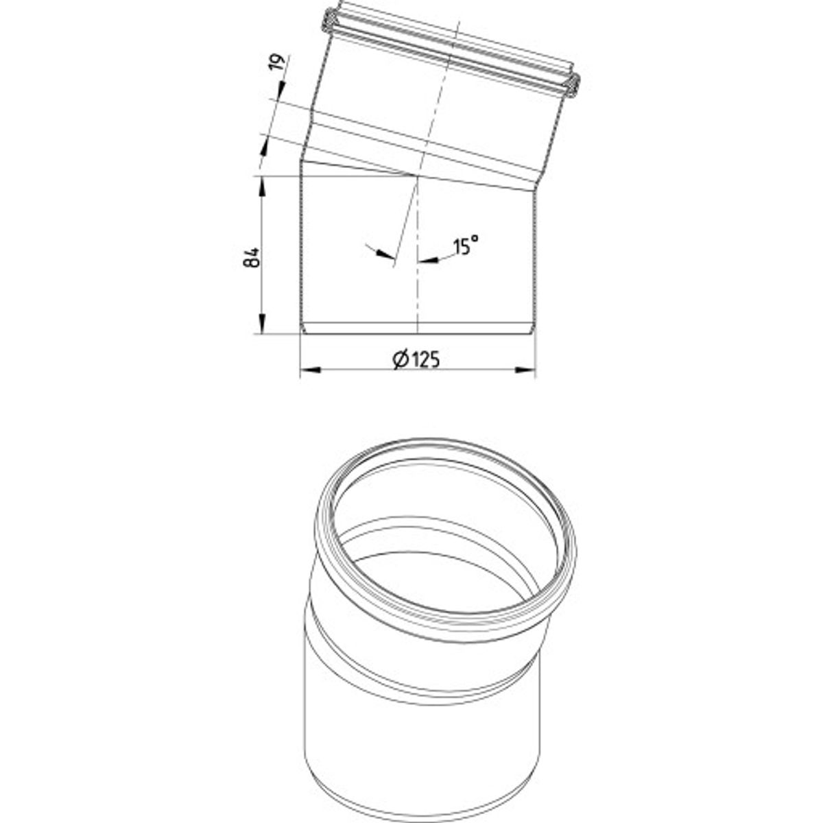 Ø 125 mm x 15° Bøjning rustfri AISI304/EN1.4301 Blücher