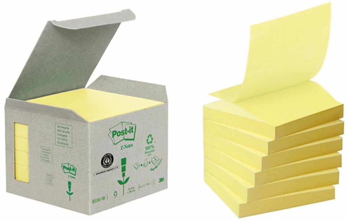 Økologiske klæbende noter Post-it® Z-Notes (R330-1B), 76x76mm, 6 blokke x 100 ark, gul,.