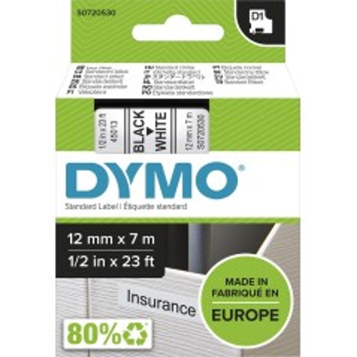 DYMO D1 Mærkattape (1,2 cm x 7 m) 1kassette(r) S0720530