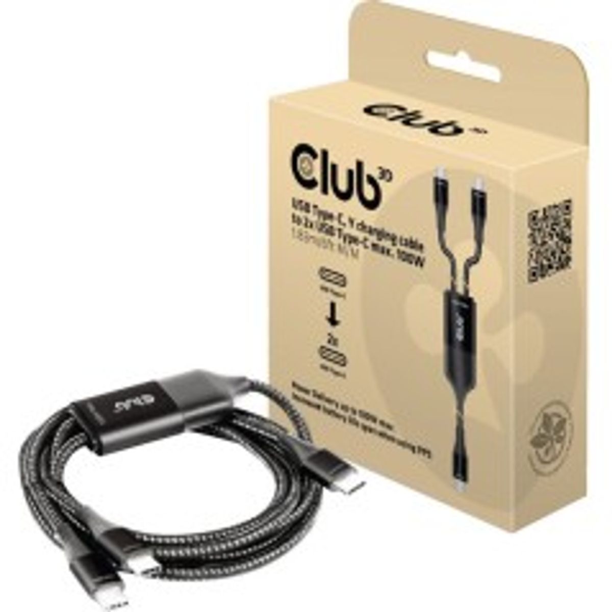 Club 3D CAC-1527 USB-C Y kabel 1.83m 100W Sort