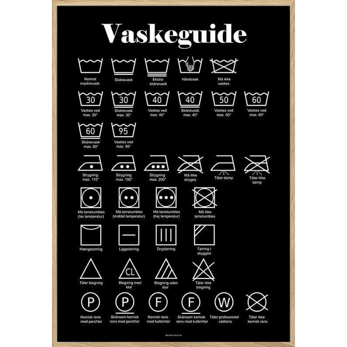 Sort vaskeplakat med vaskeanvisning og symboler