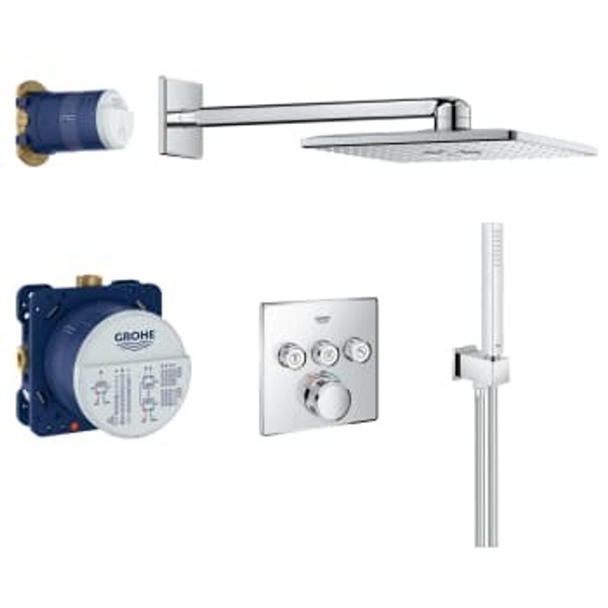 Grohe Grohtherm SmartControl Cube brusesystem, 3 ventiler, Rainshower - SmartActive hovedbruser, krom