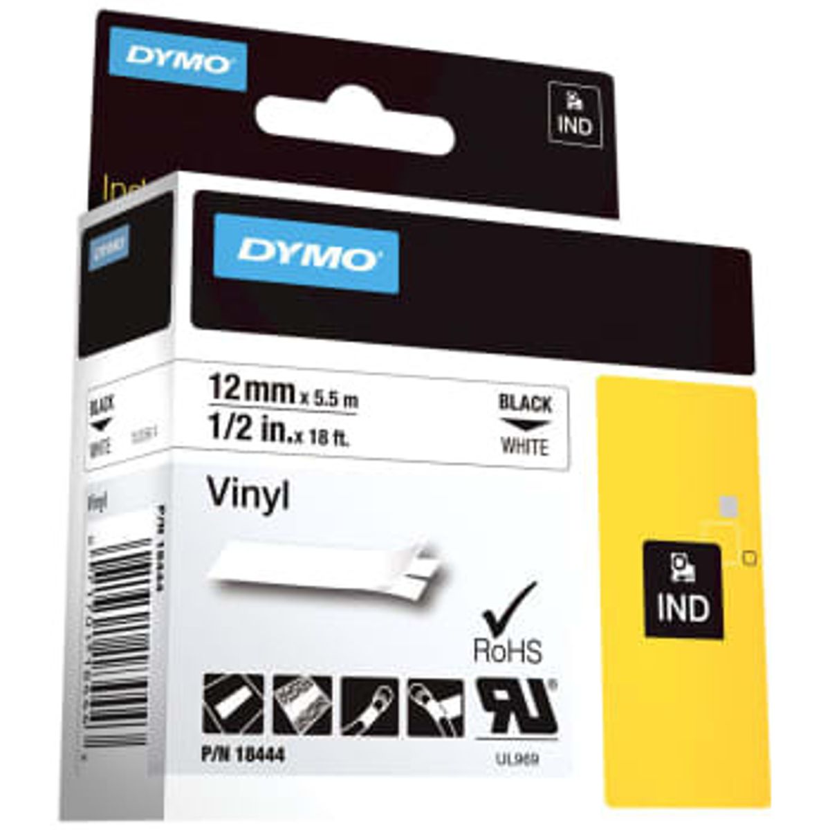 DYMO® Rhino tape 12 mm, sort på hvid