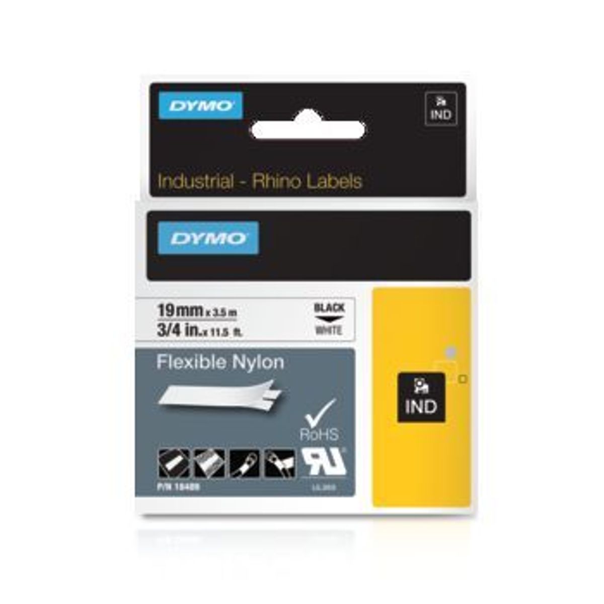 Dymo Rhino nylon tape, sort/hvid, 19 mm