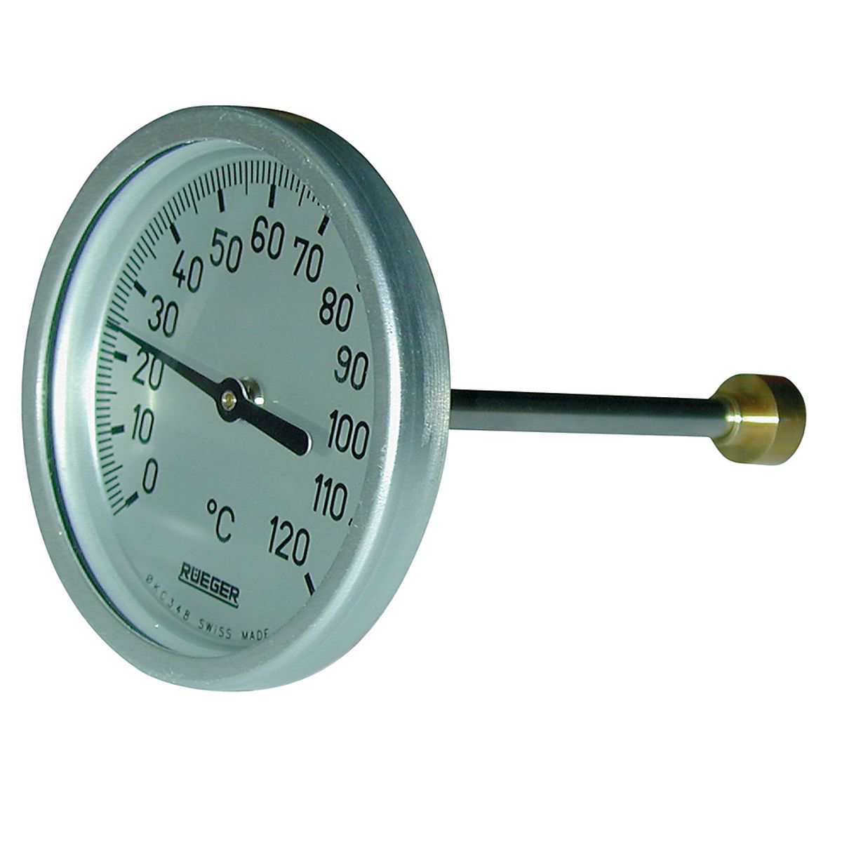 Rüeger TCH termometer 100x50 mm. Rustfrit stål, frontring i aluminiumv. 0-120°C