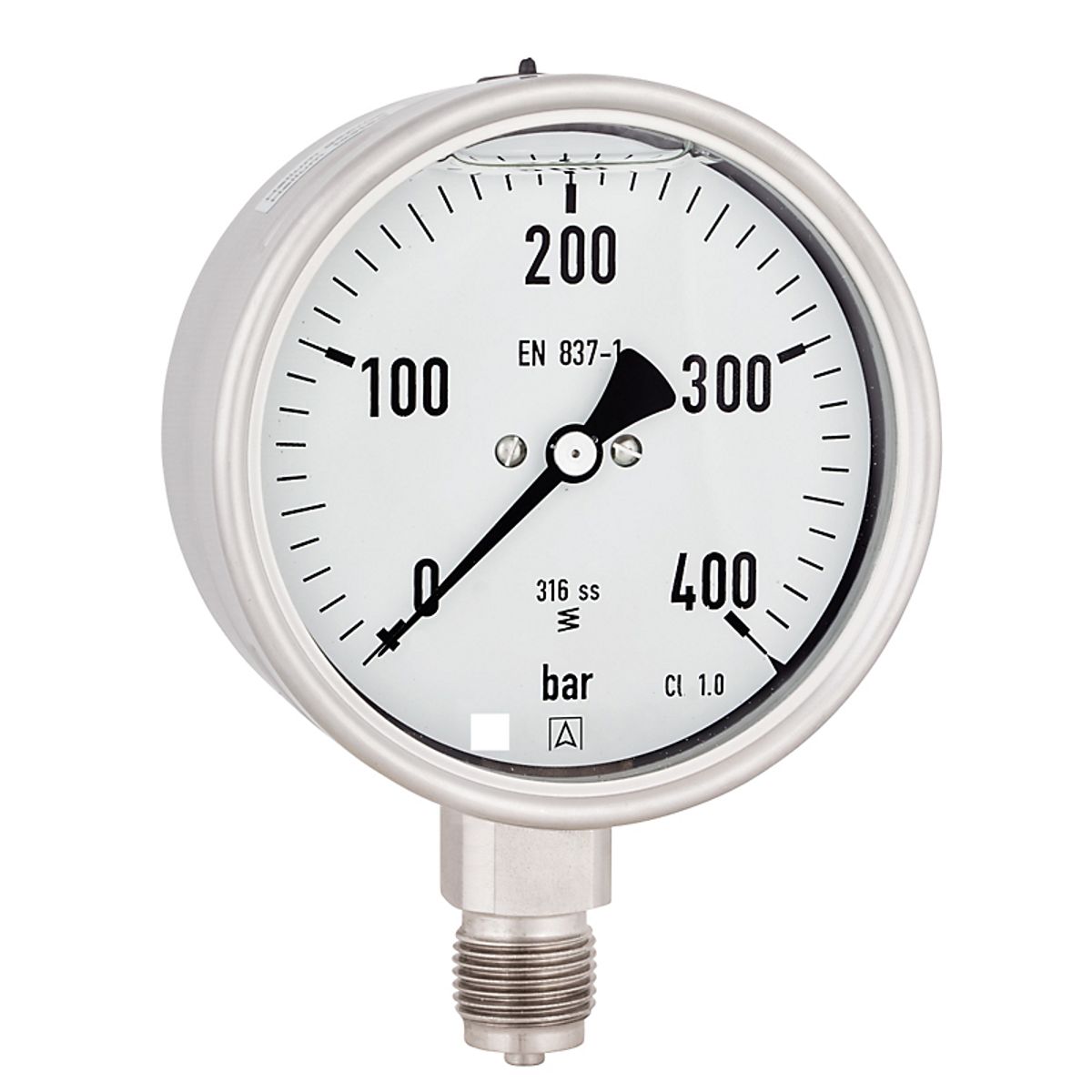 Erik Færgemann Manometer 0-6bar ø100 mm. Rustfri/syrefast. Med glycerin kl. 1,0, 1/2'' ned