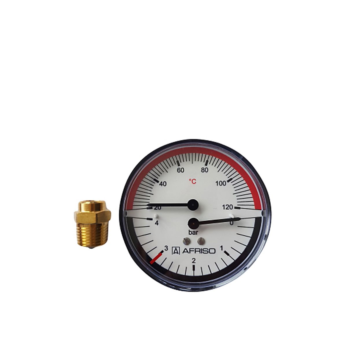 Erik Færgemann termo-manometer Ø80mm, 1/2'' (bag). 0-4 bar. 20-120 C