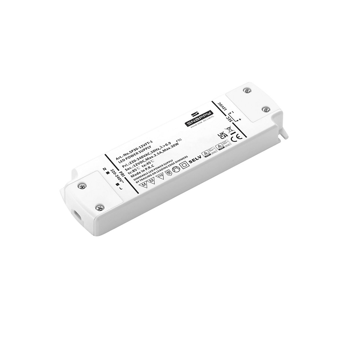 Snappy LED Driver 30W 12VDC, robust, med Triac dim (for-/bagkants-dæmp)