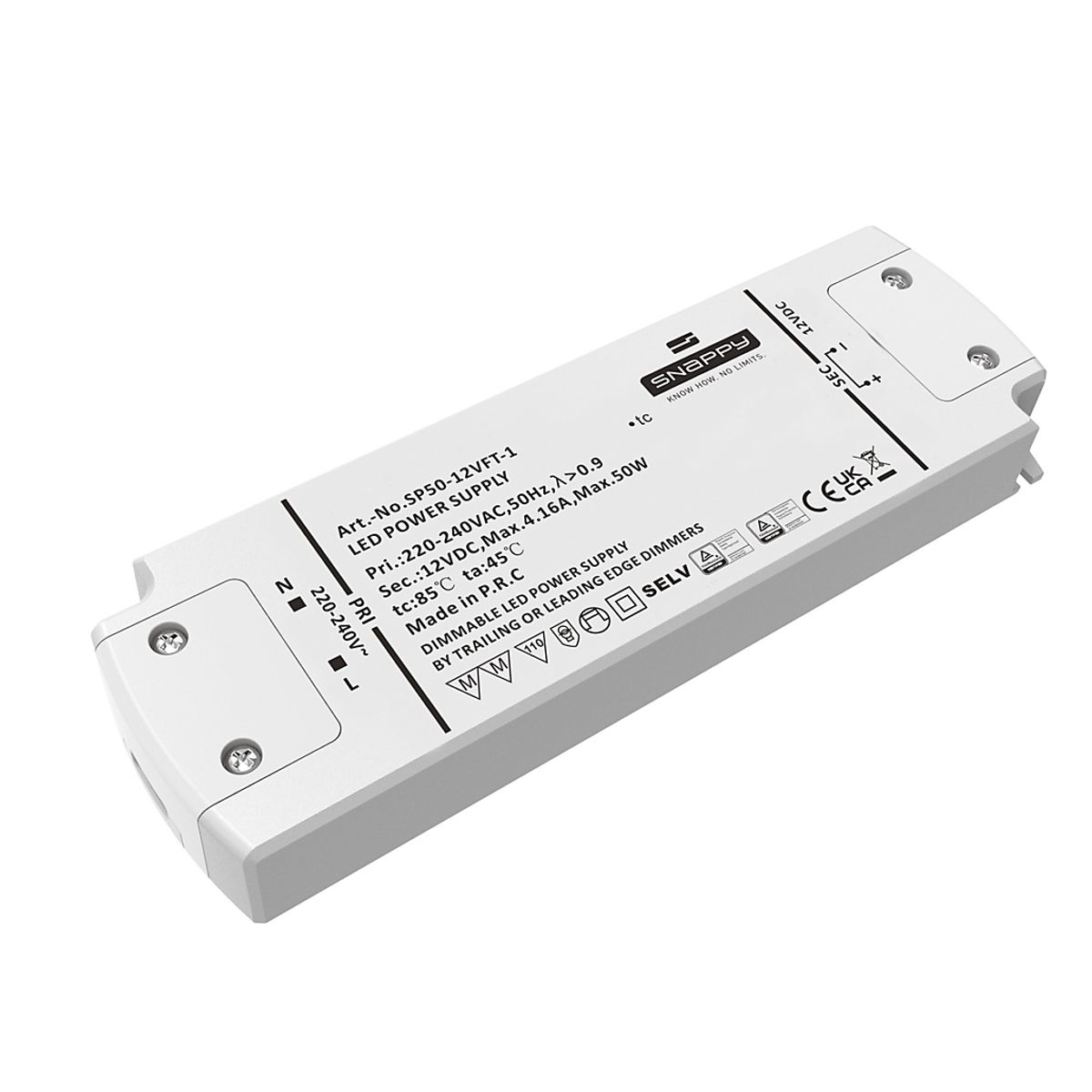 Snappy LED Driver 50W 12VDC, robust, med Triac dim (for-/bagkants-dæmp)