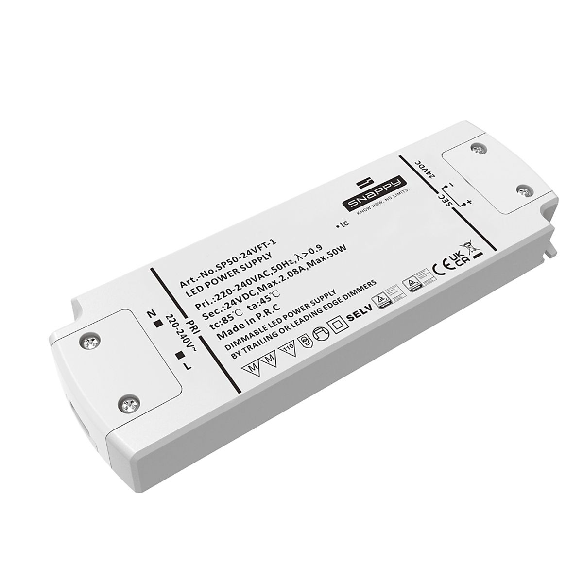 Snappy LED Driver 50W 24VDC, robust med Triac dim (for-/bagkants-dæmp)