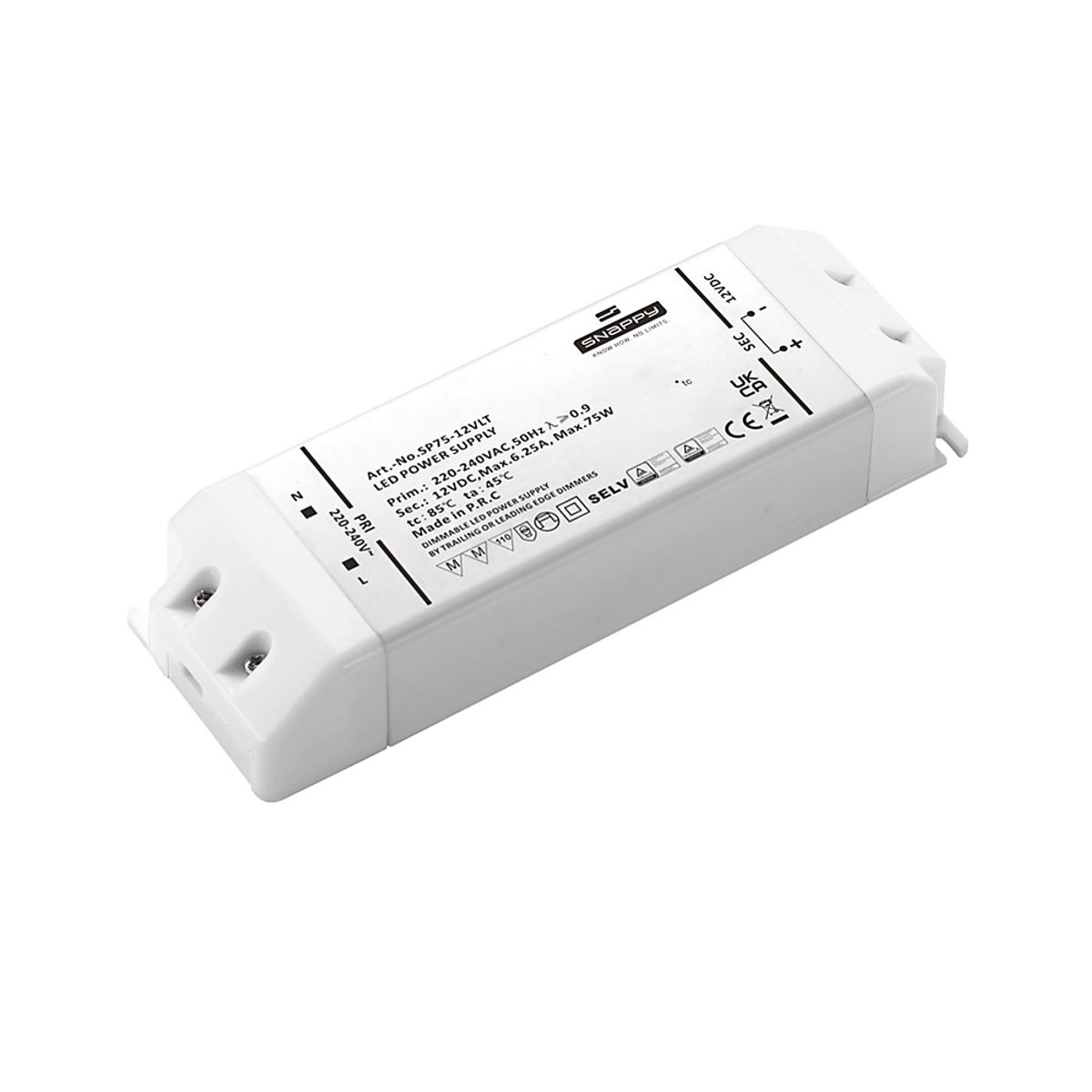 Snappy LED Driver 75W 12VDC, robust, med Triac dim (for-/bagkants-dæmp)