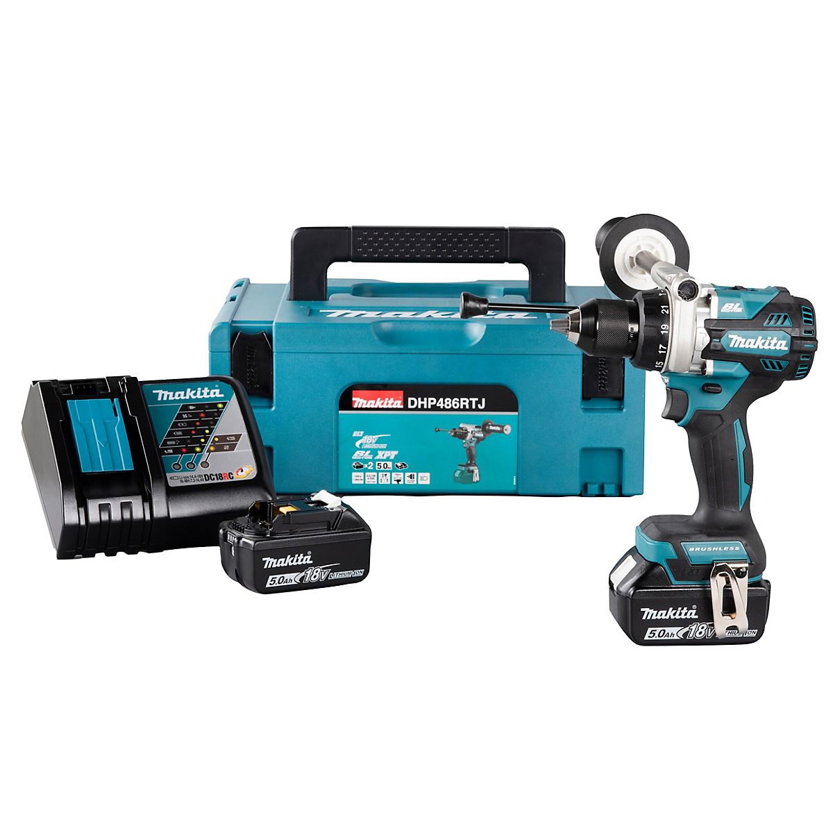 Makita slagboremaskine 18V DHP486RTJ, inkl. 2x5,0Ah batterier & lader i Makpac kuffert