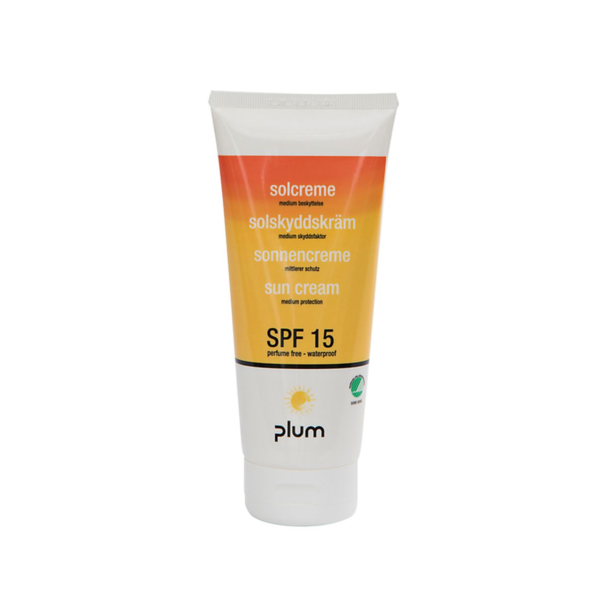 Plum solcreme 200ml faktor 15. Uden parfume, beskyt. mod UVA + UVAB stråler, svanemærket