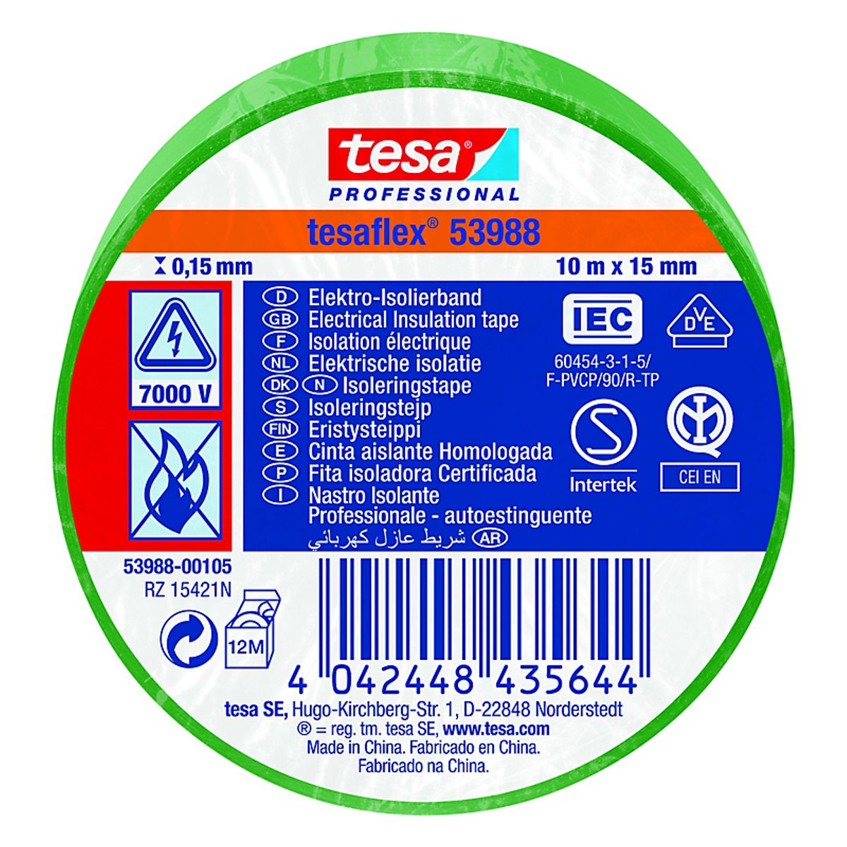 tesa PVC Isoleringstape 10mx15mm Tesaflex VDE/IEC. Grøn