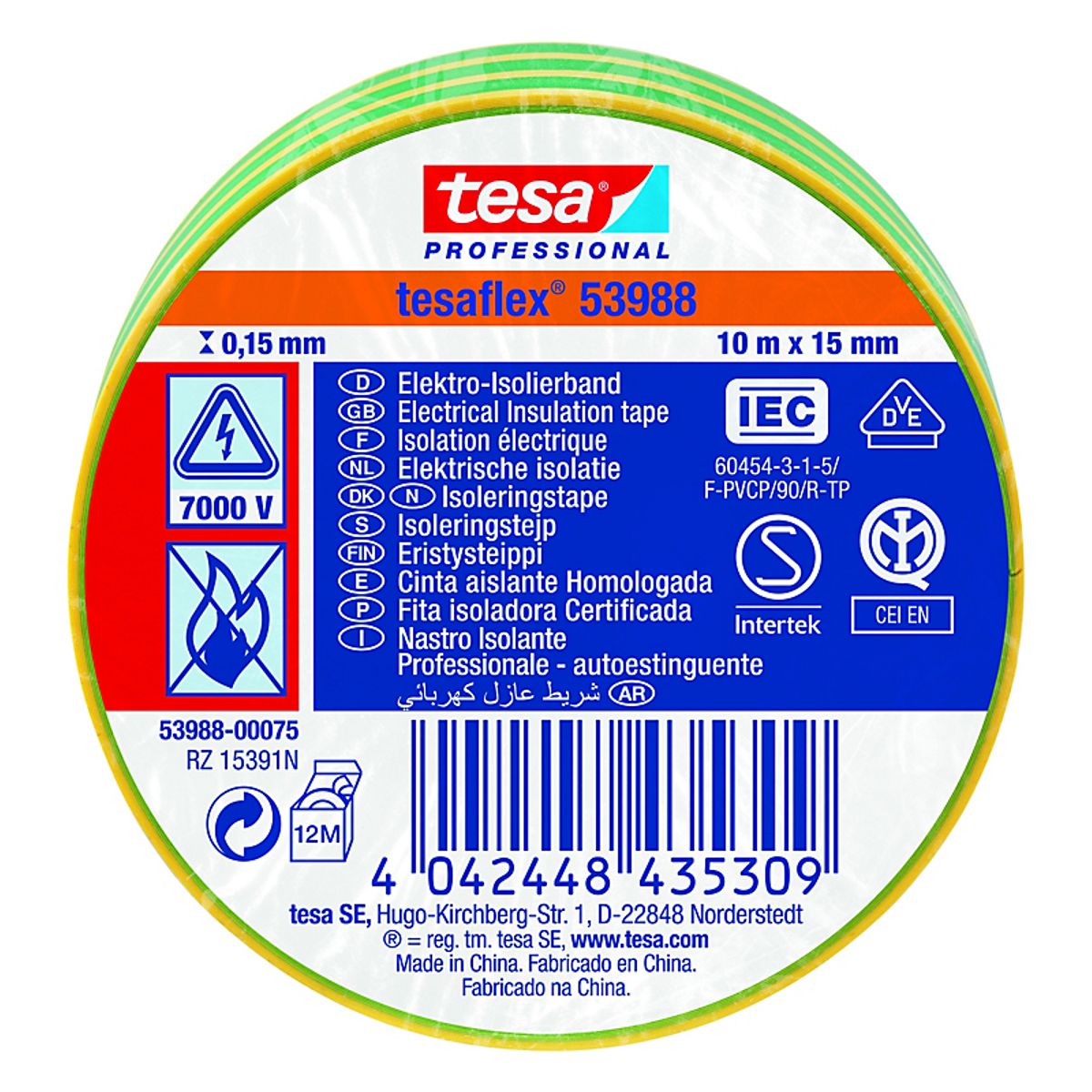 tesa PVC Isoleringstape 10mx15mm Tesaflex VDE/IEC PVC. Gul/grøn