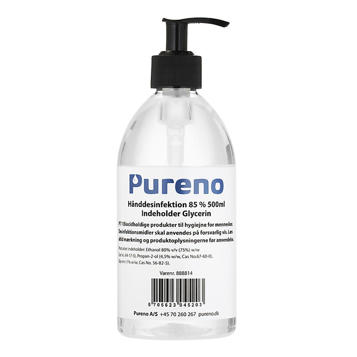 Pureno håndsprit 500ml 85% alkohol med glycerin, med pumpe