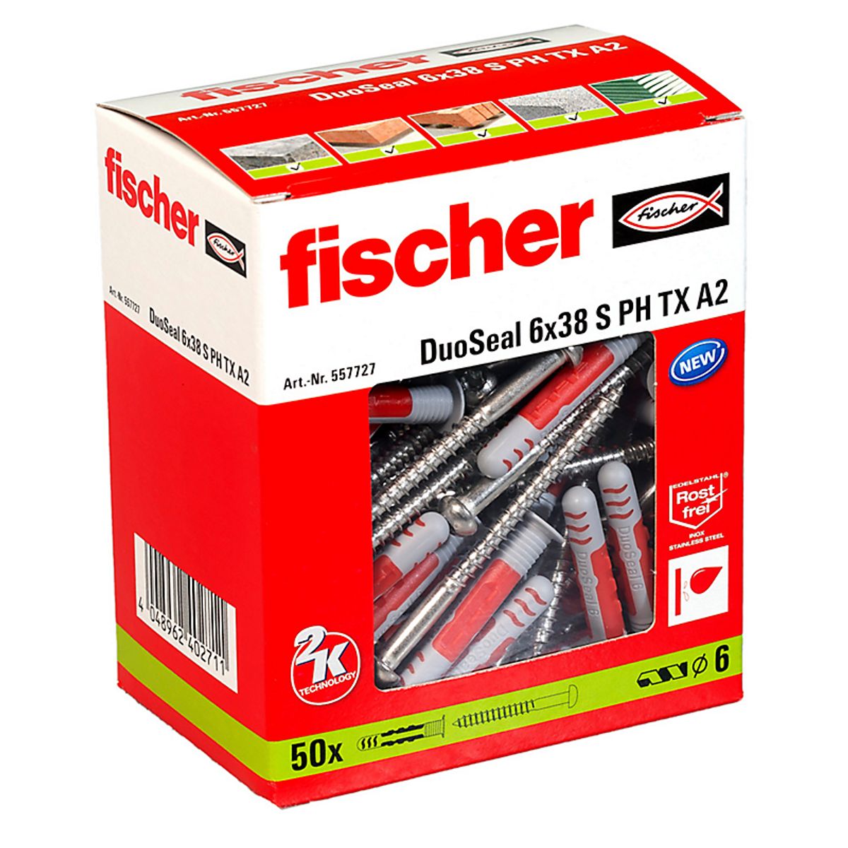 Fischer DuoSeal dybel 6 x 38 S A2, forseglet dybel til våde områder - pk a 50