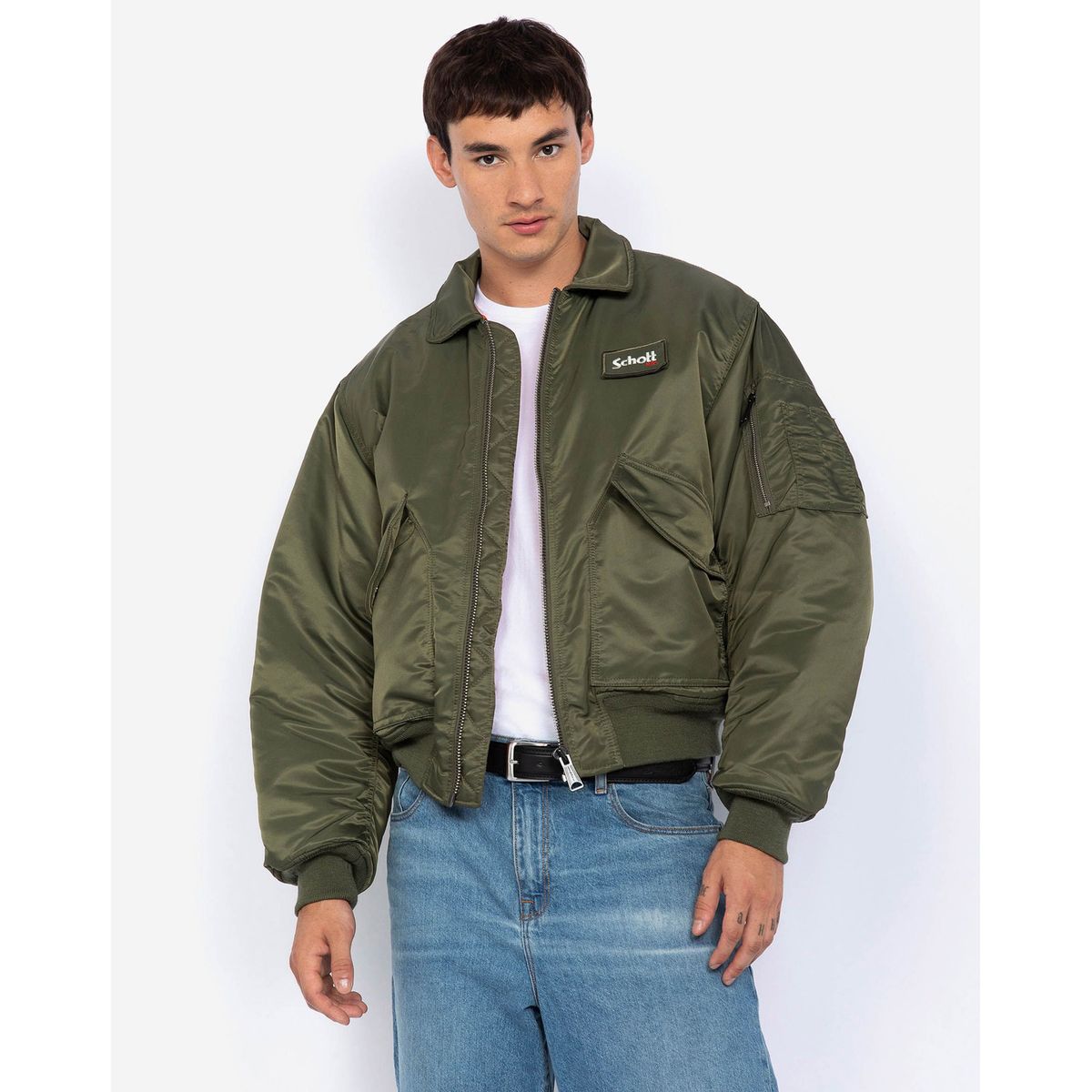 Schott Recycled Nylon CWU 90's Fit Bomberjakke Army Khaki