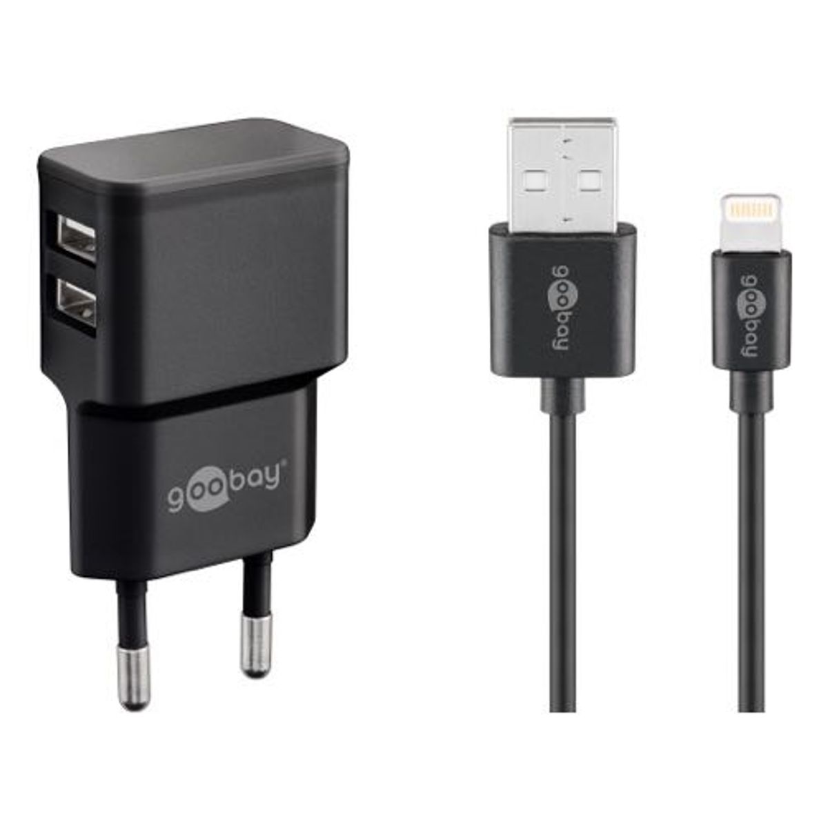 Goobay - Dual USB oplader sæt (USB i siden)(Apple Lightning) (2.4A/12W) (Han-Han) (Sort) - 1,0 m