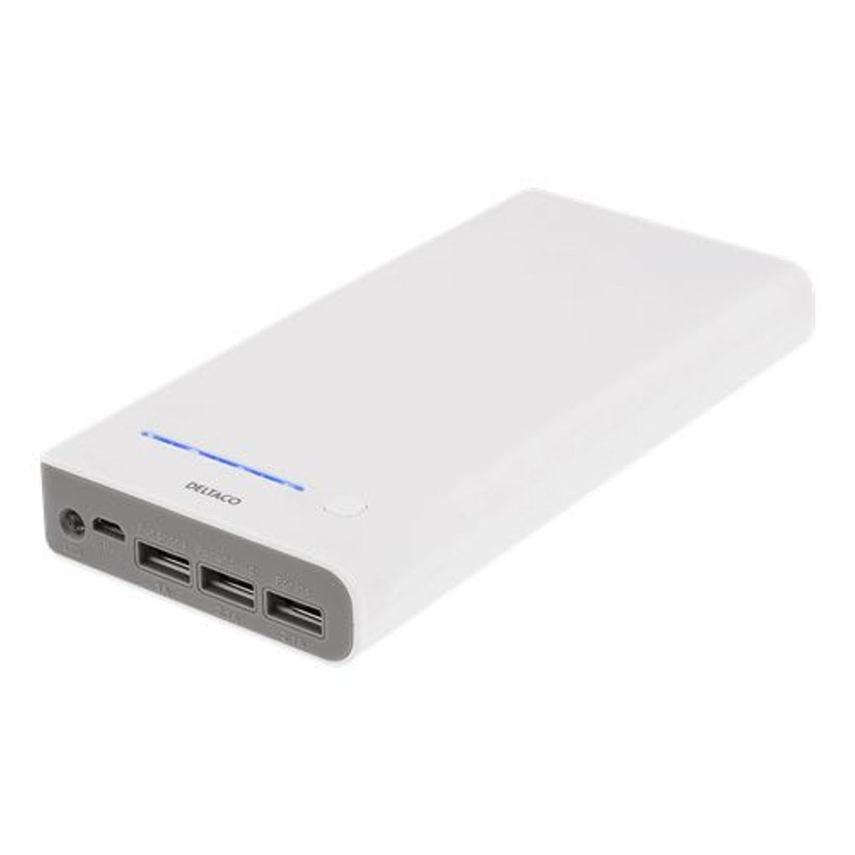 Deltaco - Powerbank m/ LED lommelygte (3x USB-A) - 20000 mAh - 3A (Hvid)