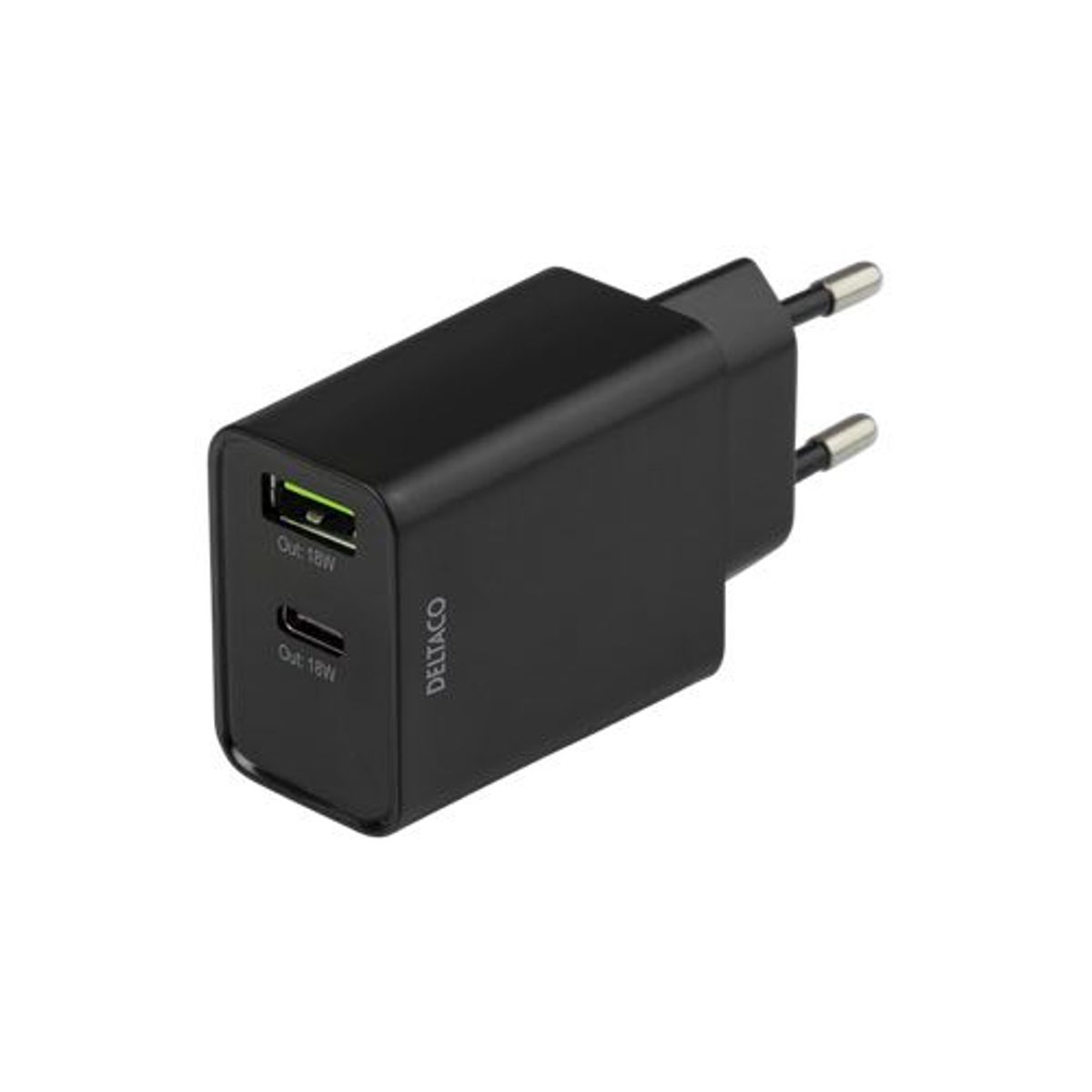 Deltaco - Duel lader (1xUSB-C /1xUSB-A) 3.0A (18W) (Han-Han) (Sort) - 0,1 m