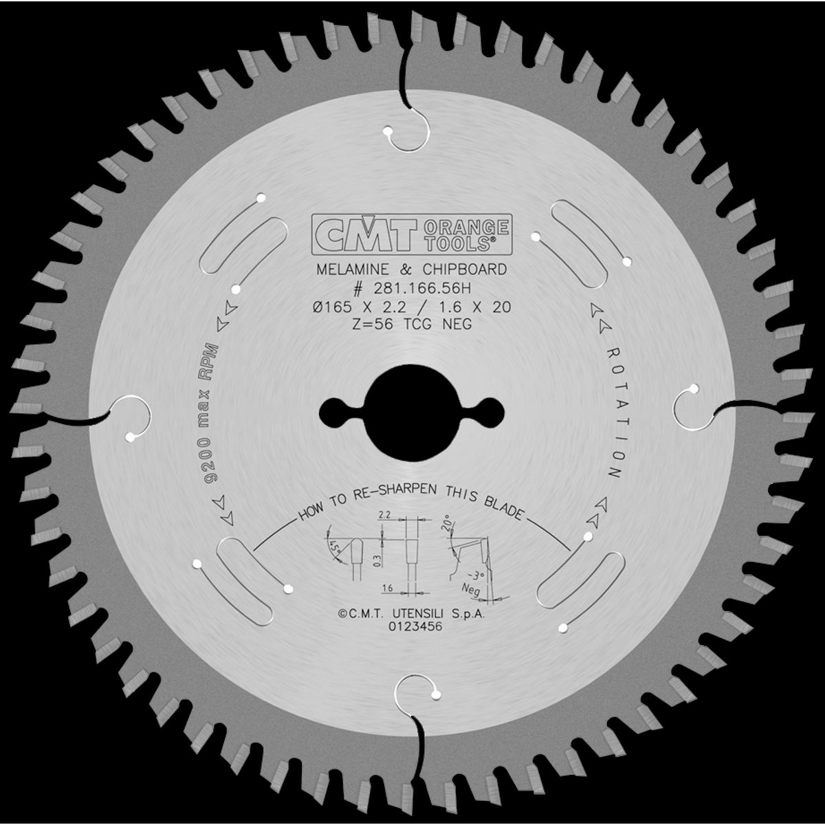 CMT rundsavklinge HM-skær 165Ã2,2Ã20 Z56 TF Neg