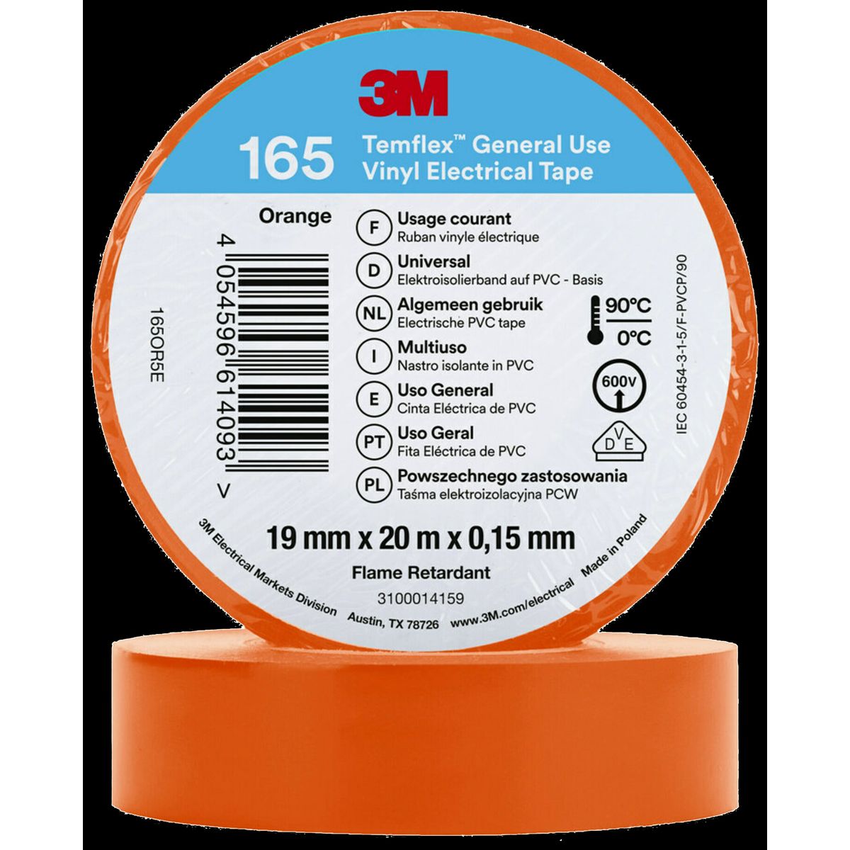 Temflex 165 el-vinyltape 19mmÃ20m orange