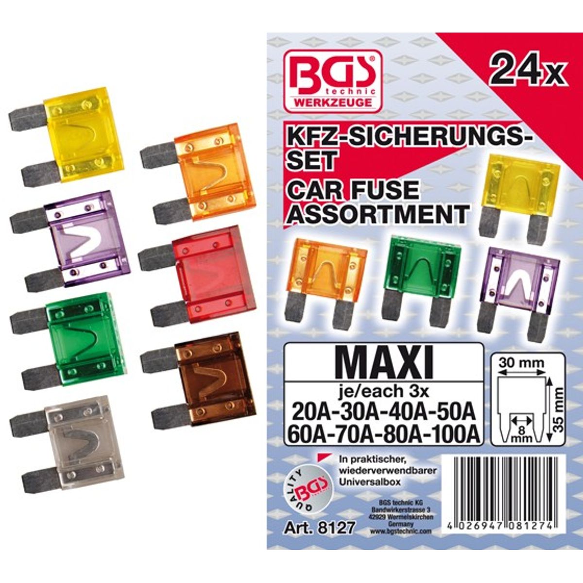 BGS Sikringssortiment MAXI 20-30-40-50-60-70-80-100 amp. 24 dele