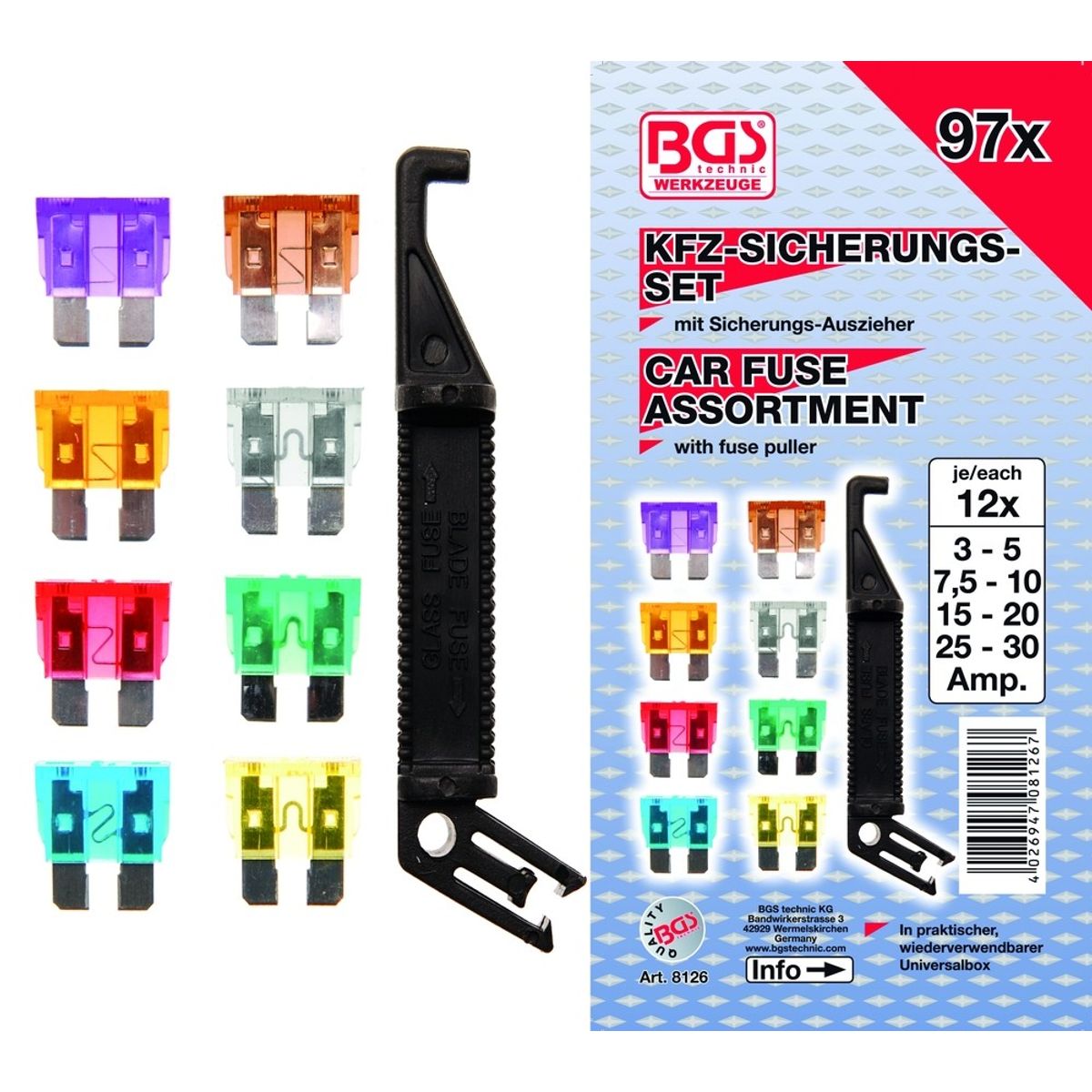 BGS Sikringssortiment STD 3-5-7,5-10-15-20-25-30 amp. 97 dele