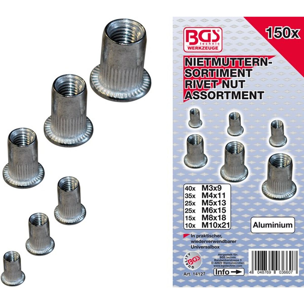 BGS Gevindnitte sortiment alu 3-4-5-6-8-10mm. 150 dele