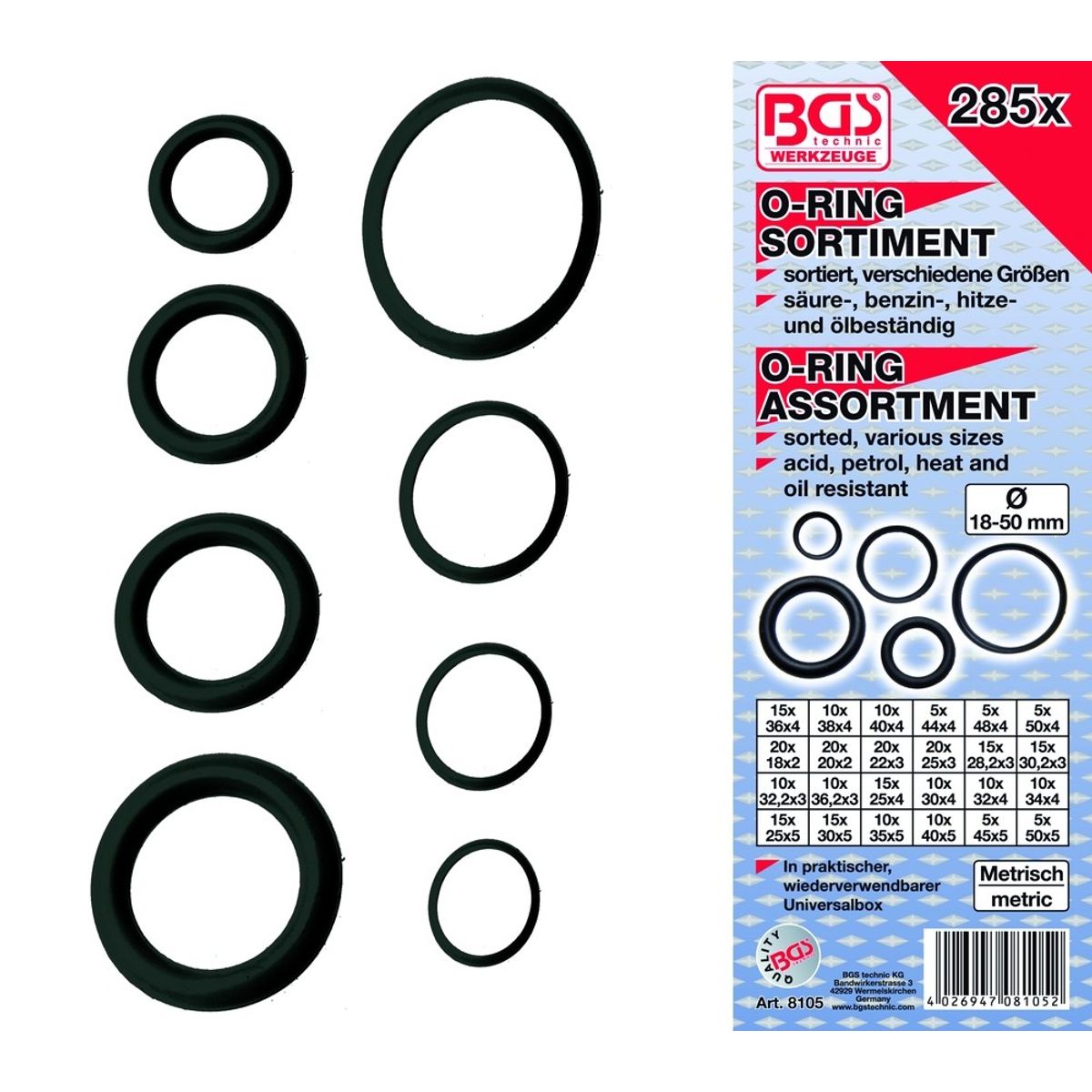 BGS O-ringssortiment 18-50mm. 285 dele