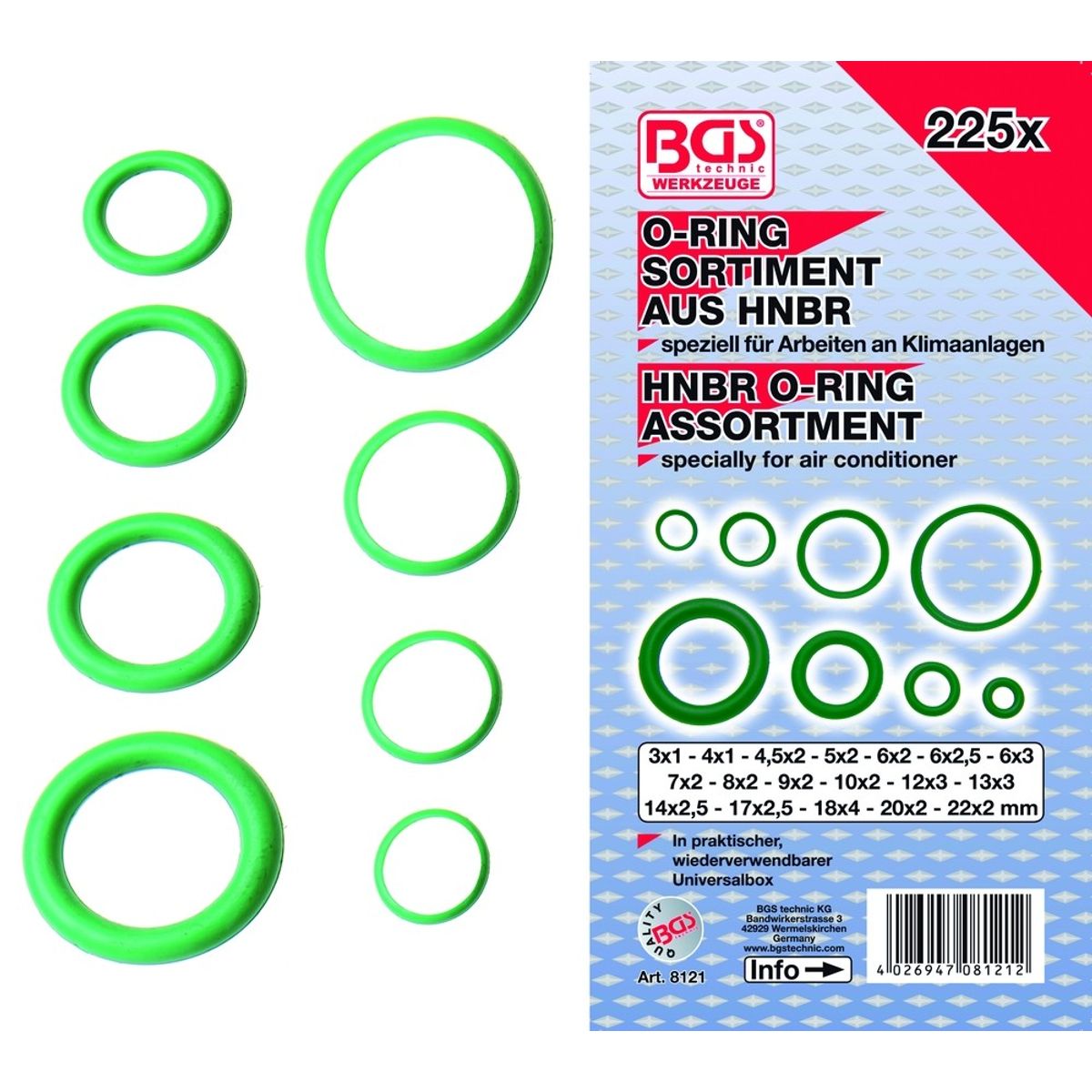 BGS O-ringssortiment 3-22mm. 225 dele HNBR/klima