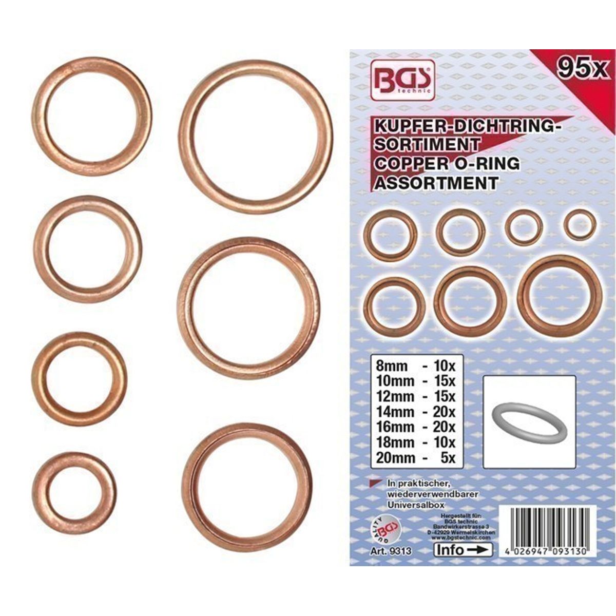 BGS Kobber O-ringssortiment 4-20mm. 95 dele