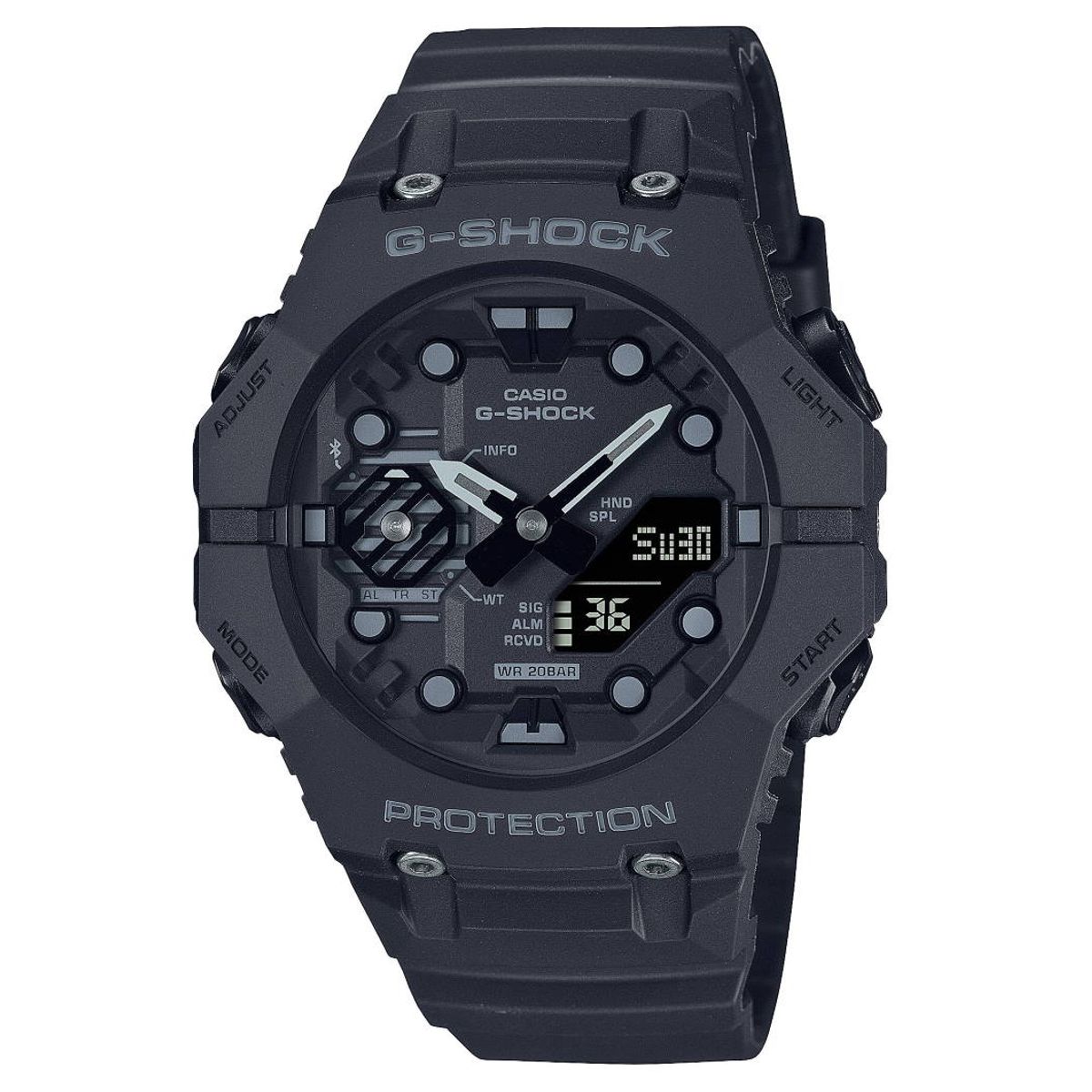 CASIO G-Shock sort digitalur med visere, gummirem