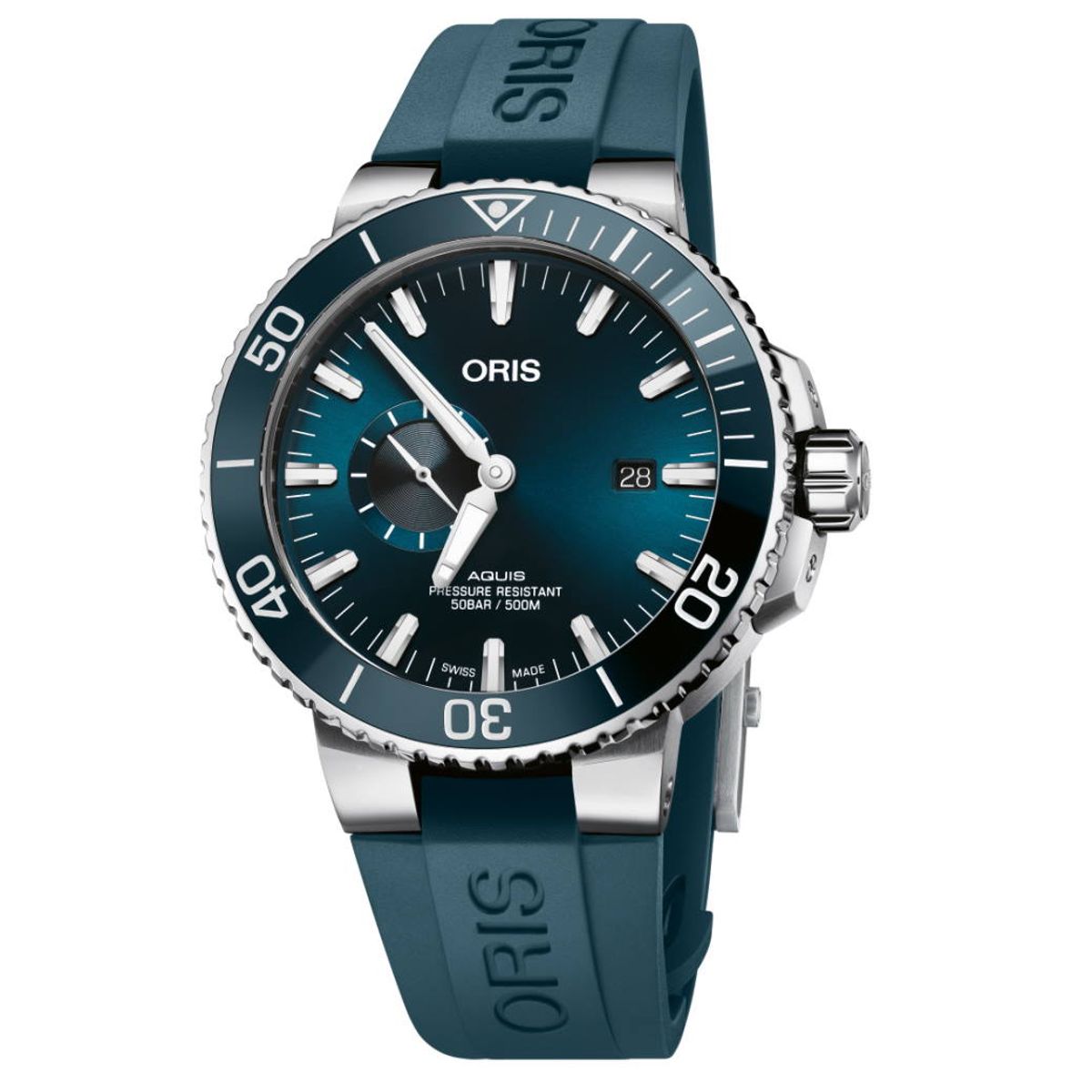 Oris Aquis Small Second Date automatik armbåndsur med blå skive Ø45