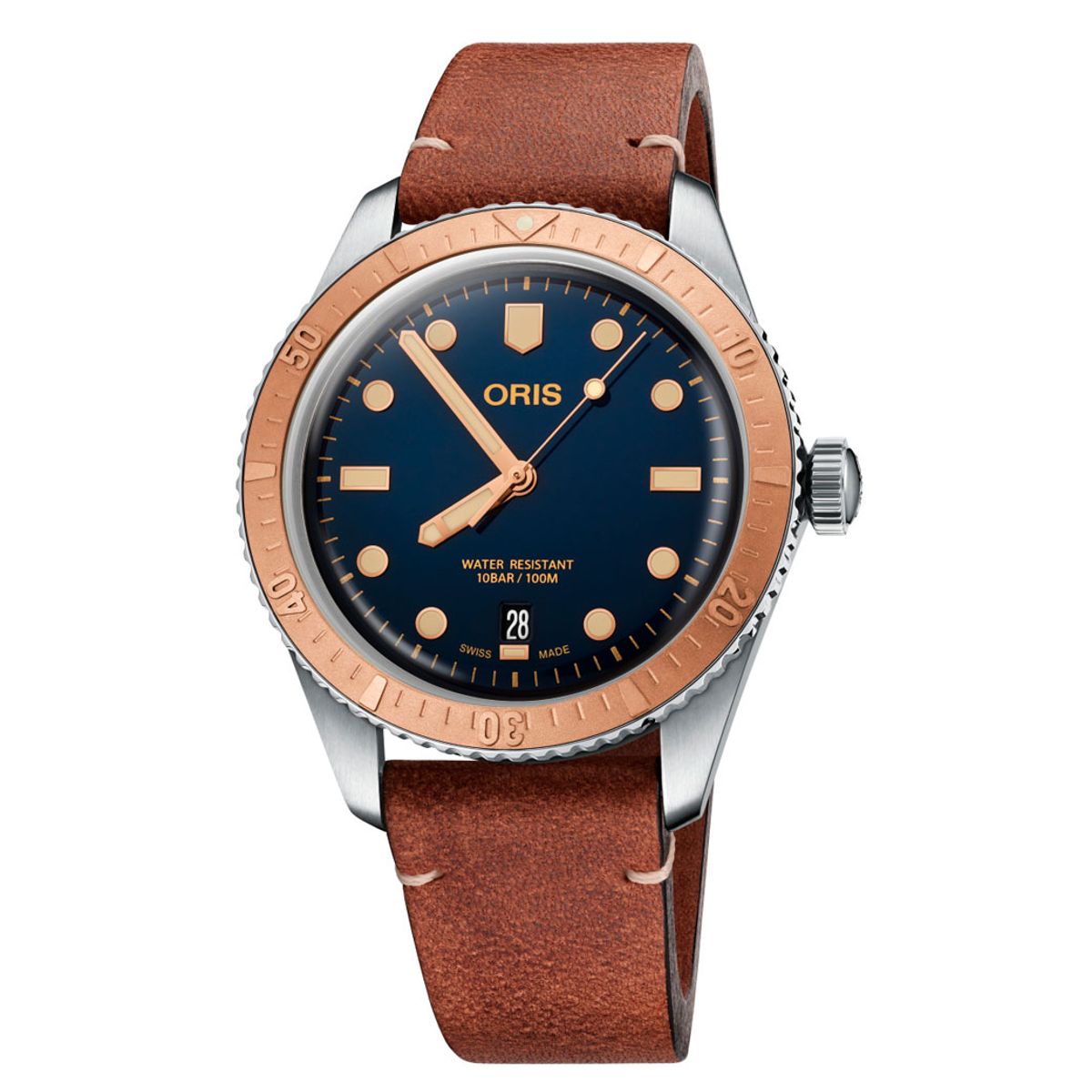 ORIS Divers Herritage 65 Bronze armbåndsur, blå skive og brun læderrem - 40mm